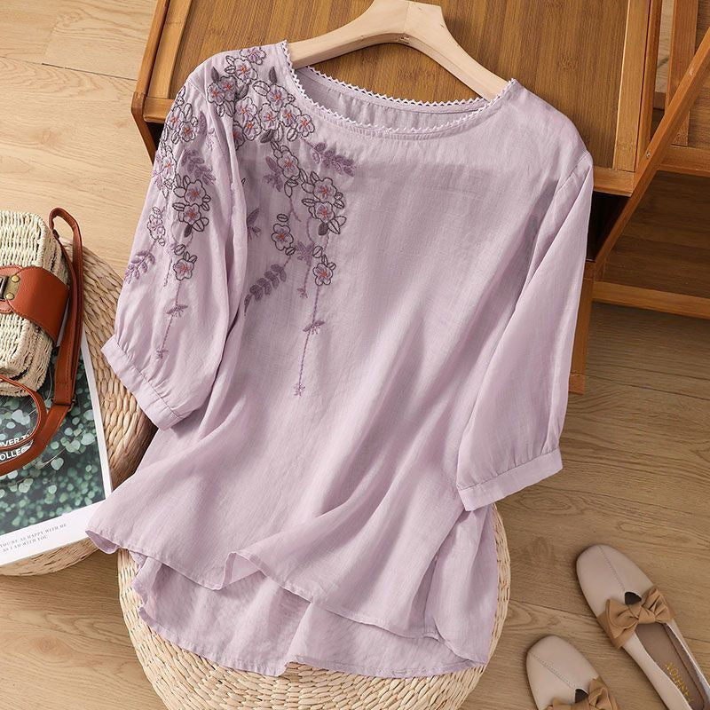 Thin Shirt Cotton and Linen Embroidered T-shirt Short Sleeve Literary and Retro Loose and Thin