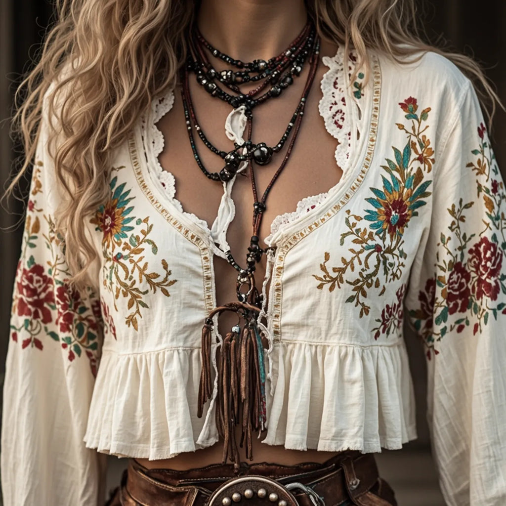Women's Bohemian Floral Embroidered Top With Tassel Detail