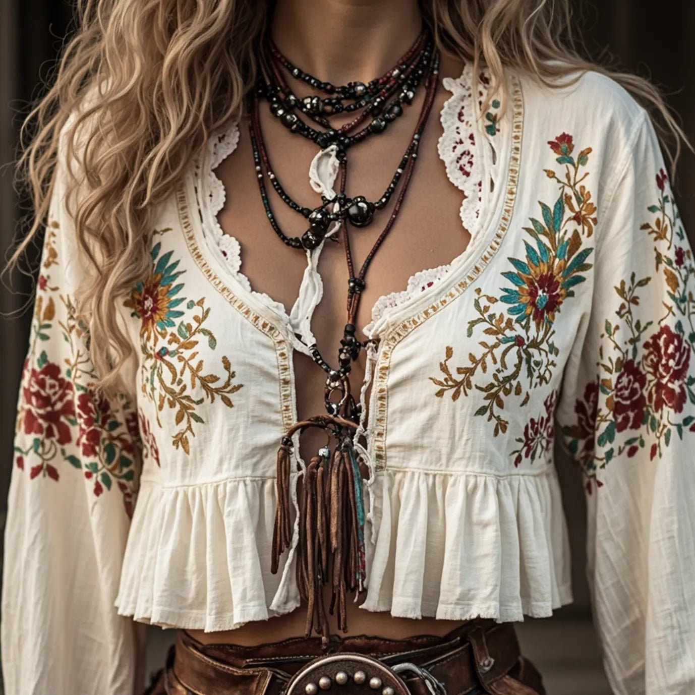 Women's Bohemian Floral Embroidered Top With Tassel Detail