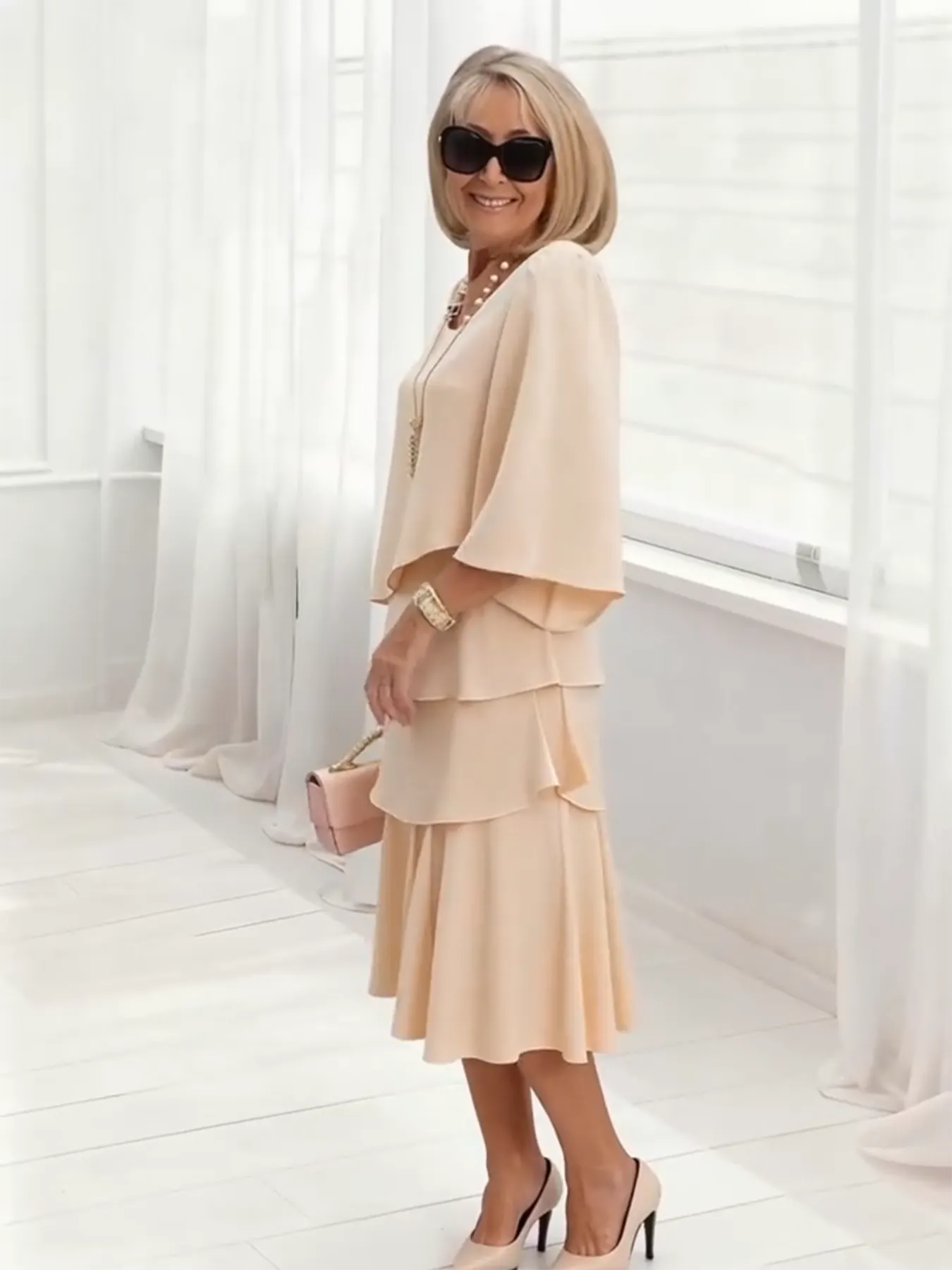 Long Dress Half Sleeve Fashion Cake Skirt Women's Temperament Loose and Thin Round Neck Dress