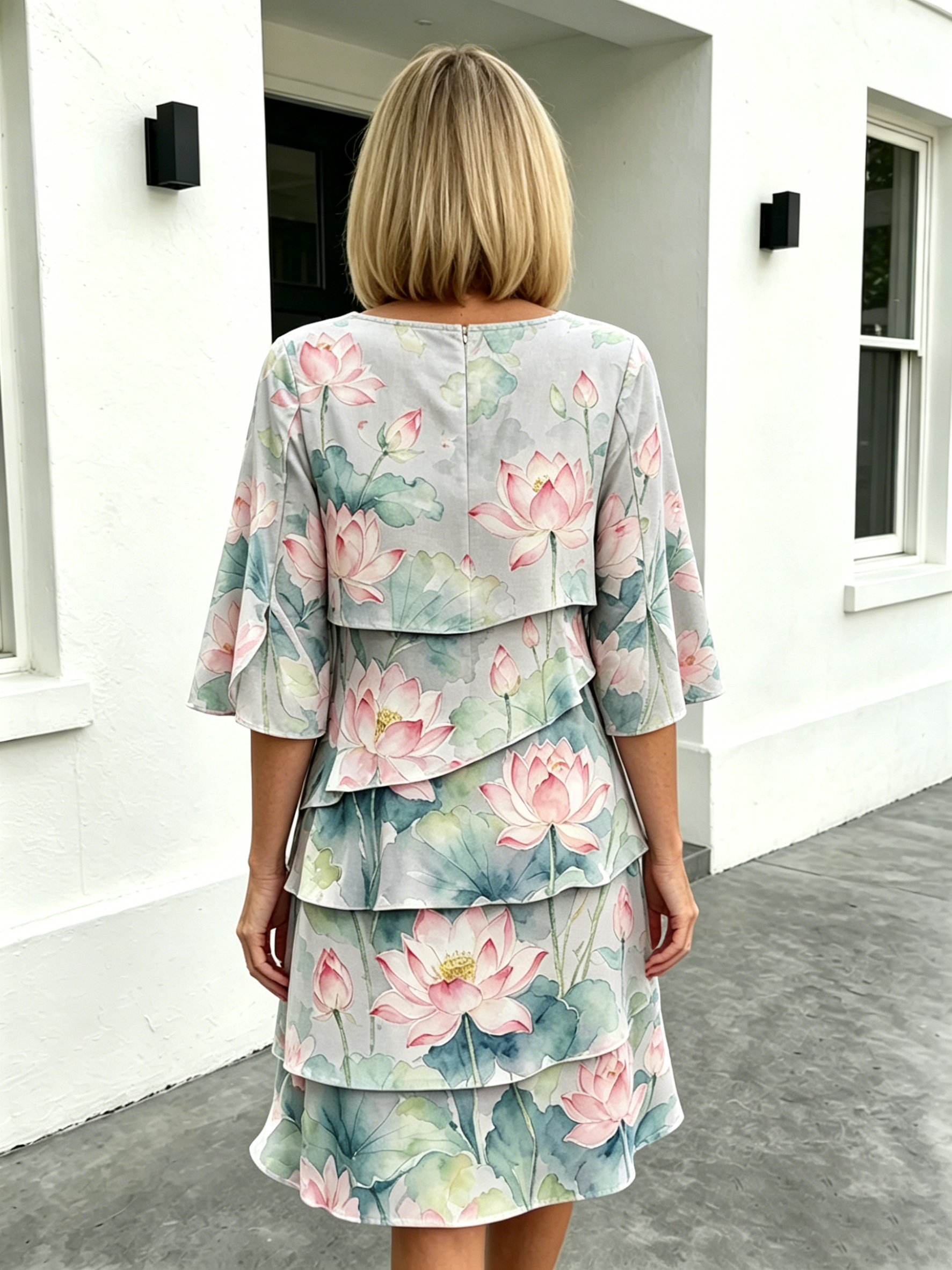 Chiffon Lotus Vacation Prints Color Round Neck Cake Skirt Splicing Dress Mid-length