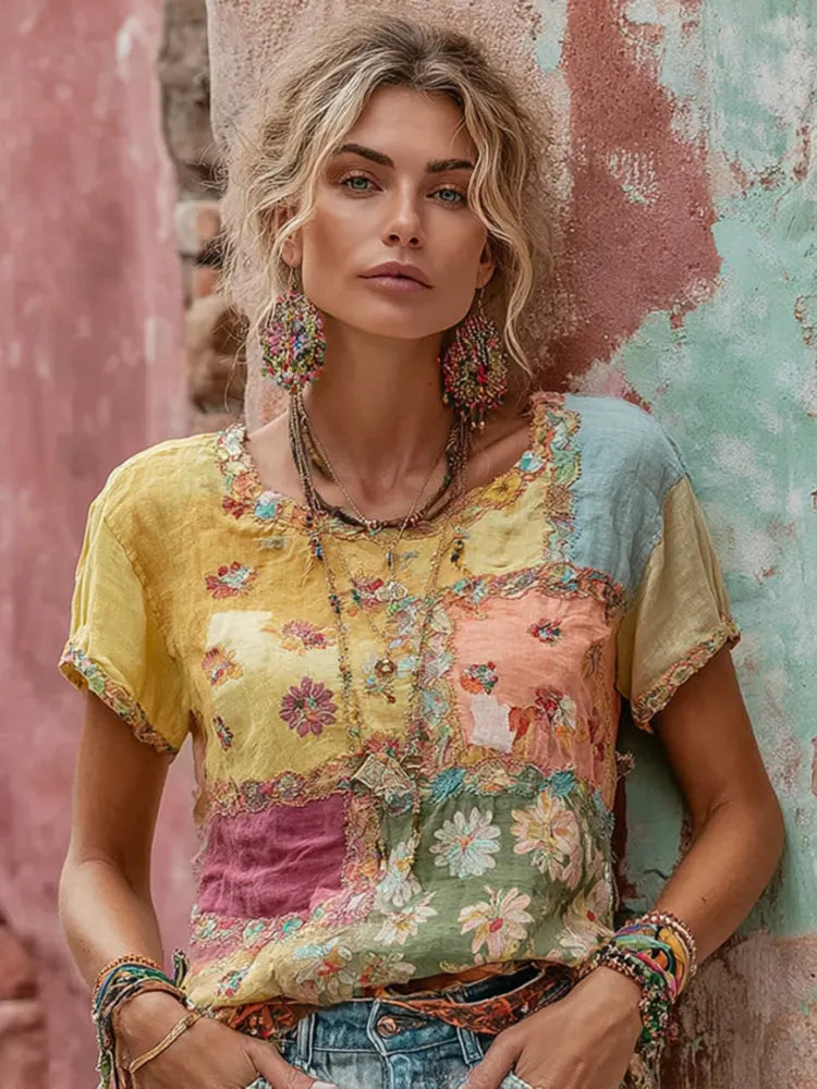 Women's Bohemian Daisy Embroidery Patchwork Art Round Neck Short Sleeve Linen Blend T-shirt