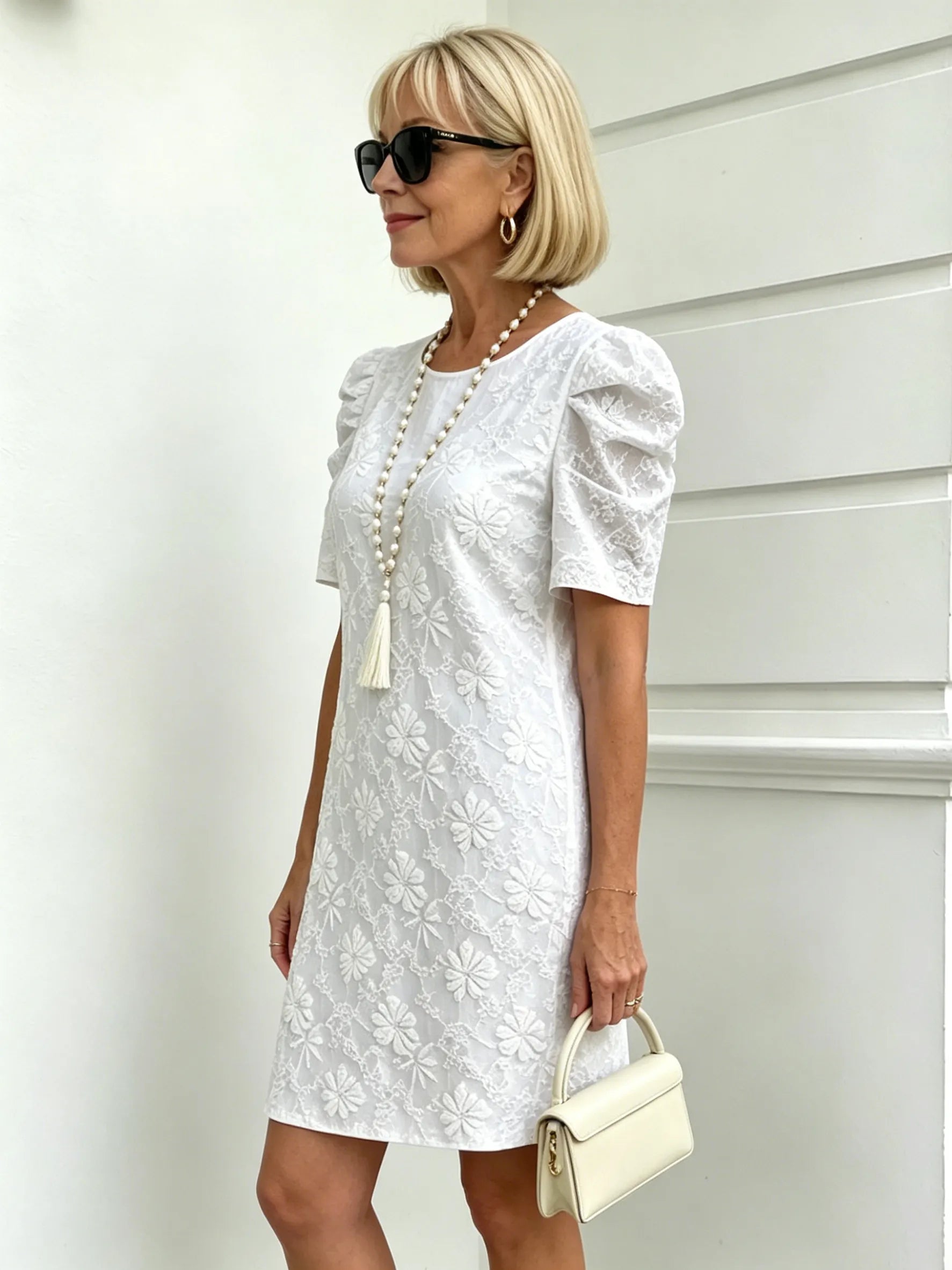 Bubble Sleeve Textured Jacquard Crew Neck Vintage Style Dress