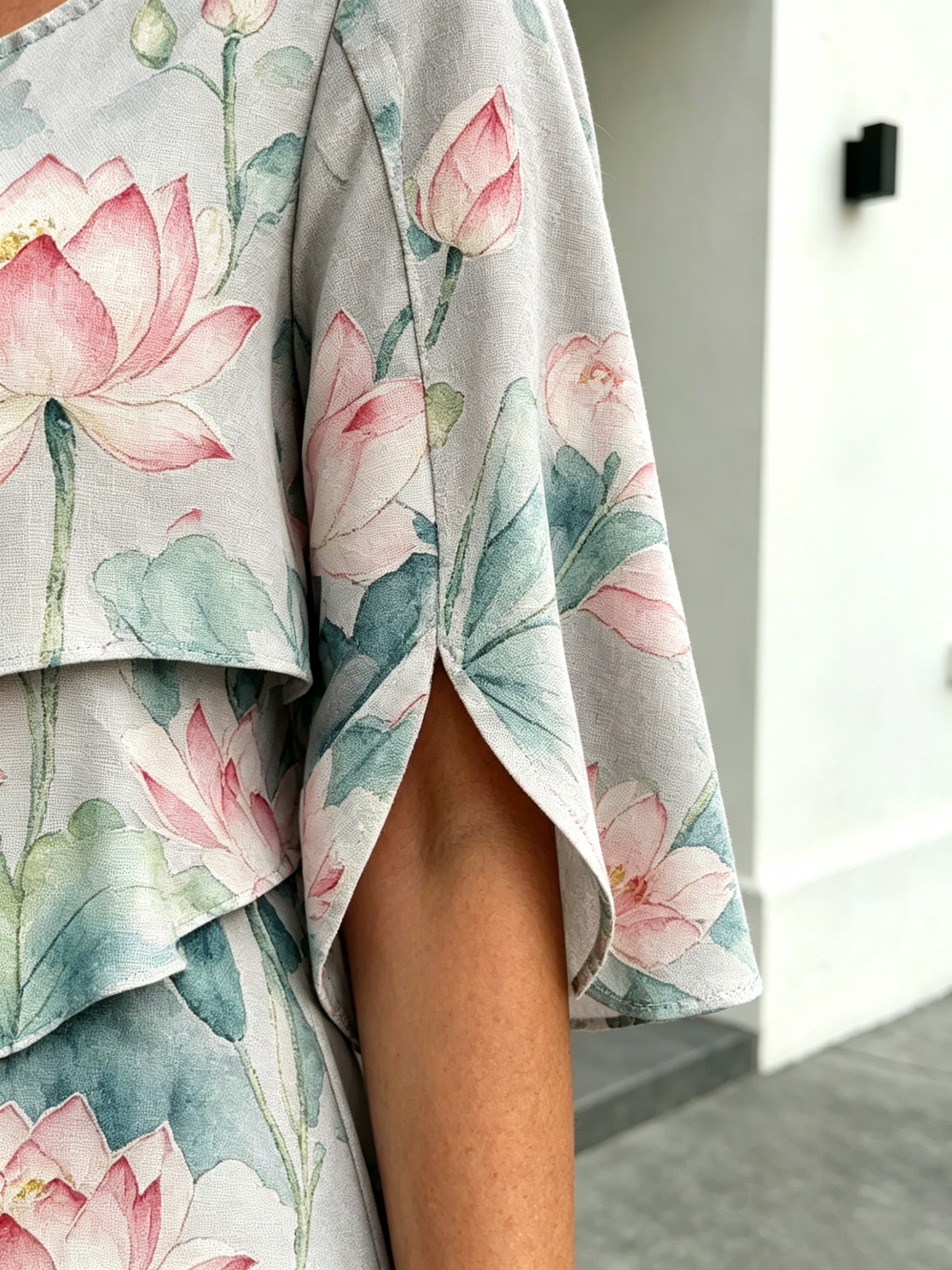 Chiffon Lotus Vacation Prints Color Round Neck Cake Skirt Splicing Dress Mid-length