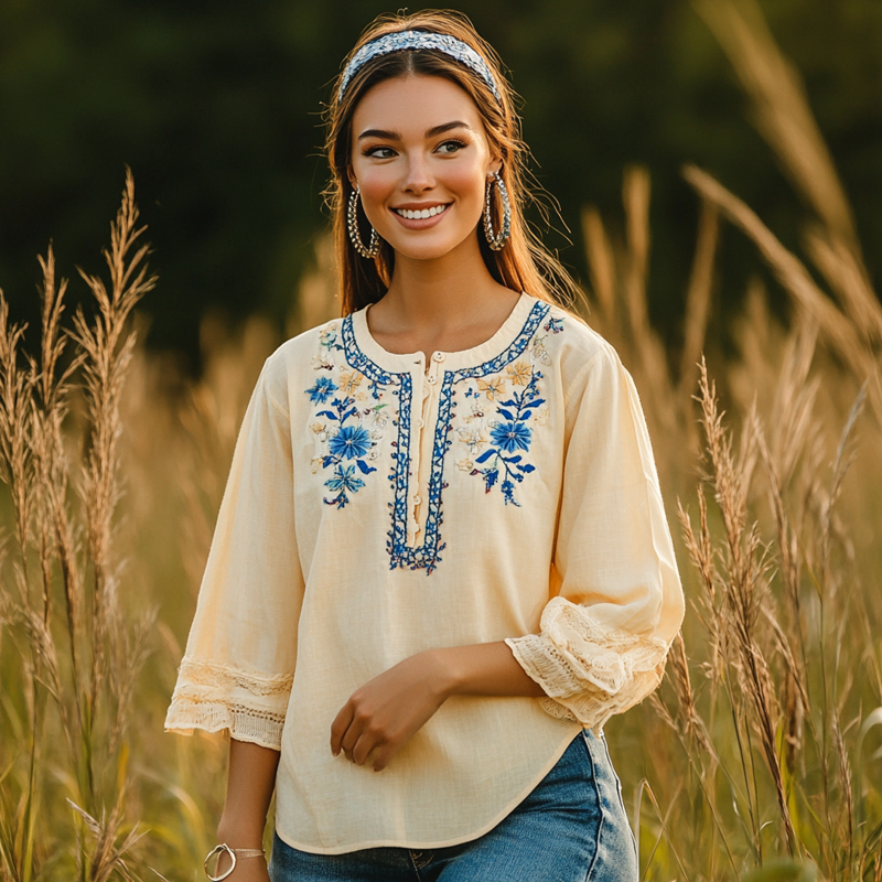 Women's Mexican Embroidery Style Bohemian Embroidered Blouse With Lace Sleeves