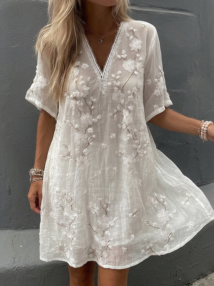 Women's Vintage Floral Print V-neck Short-sleeve Linen Dress