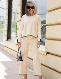 Contrasting Color Split-ended Long-sleeved Knitted Sweater High-waisted and Thin Wide-leg Pants and Trousers Two-piece Set