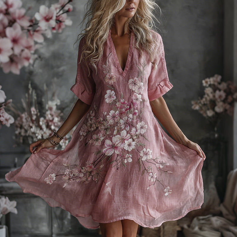 Women's Exquisite Embroidered Print Art Casual Linen Short Sleeved Dress