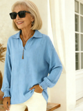 Pure Cotton Solid Color Casual Loose Fashion Lapel Long-sleeved Top