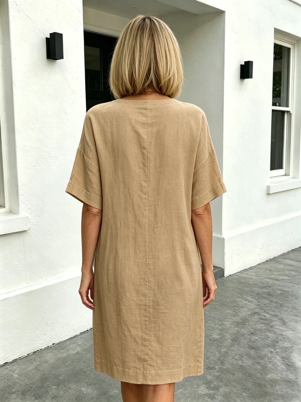 Short Sleeve V-Neck Cotton and Linen Loose Summer Dress