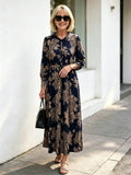Navy Vintage Floral Maxi Dress, Ruffle Neck 3/4 Sleeve Elastic Waist Slimming Dress for Mature Women