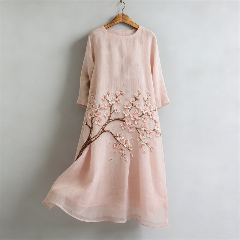 Cherry Blossom Japanese Flowy Linen Maxi Dress