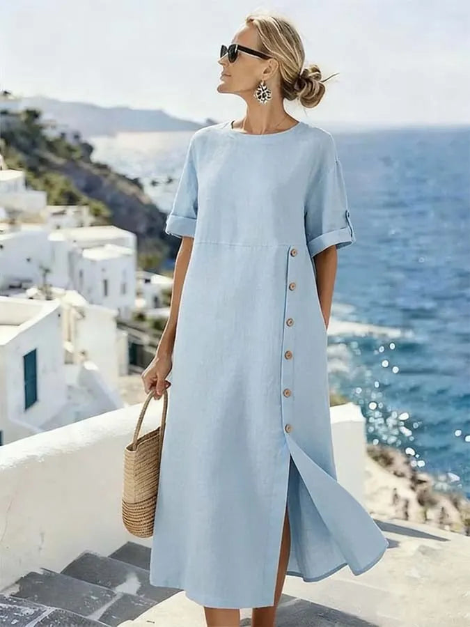 Women'S Casual Loose-Fitting Solid Color Cotton And Linen Dress