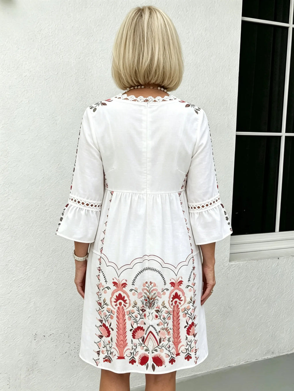 V-neck Printed Lace Stitching Bohemian Casual Vacation Style Dress