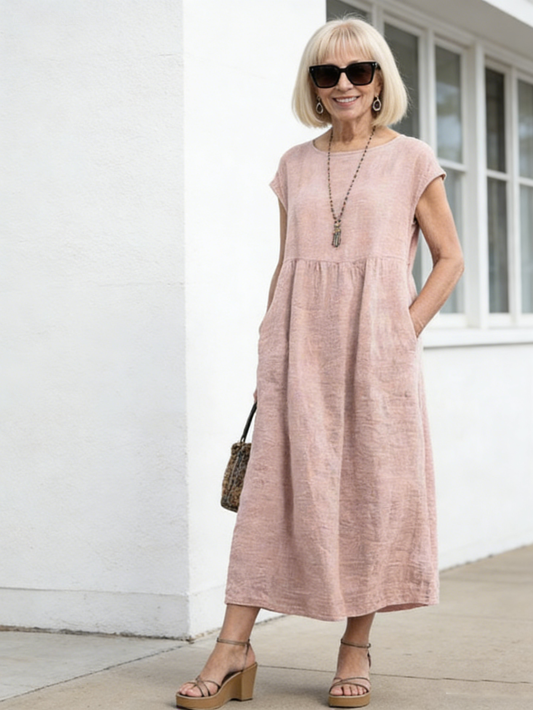 Solid Color Sleeveless Loose Cotton and Linen Pockets, Dress