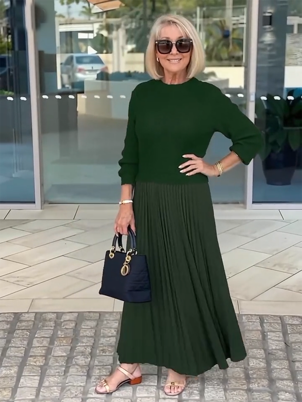 Knitted Long-sleeved Splicing Pleated Dress