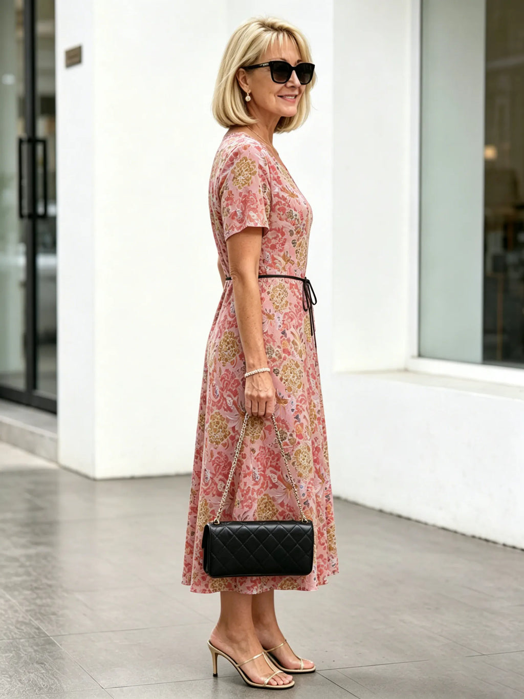 Orange Floral V-Neck Midi Dress, Short Sleeve Elastic Waist Slimming Temperament Long Dress for Mature Women