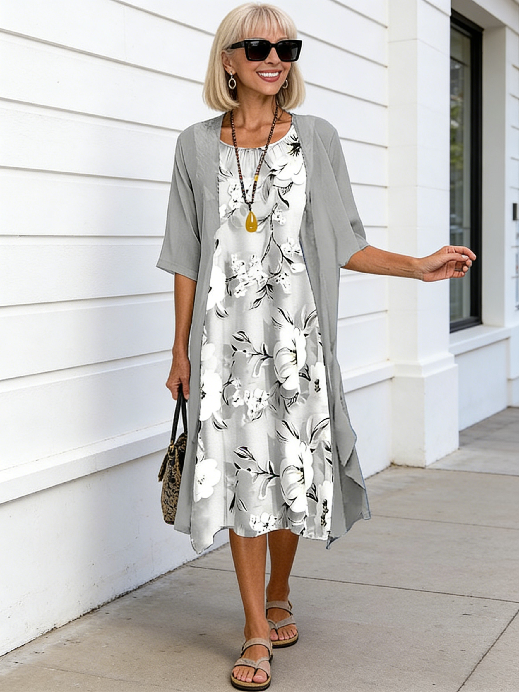 2Pcs Casual Printed Chiffon Dress Two-piece Set
