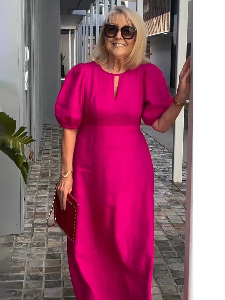 Evening Dress Formal Dress Solid Color Loose-Fitting Casual Round-Neck Small Lantern Sleeves
