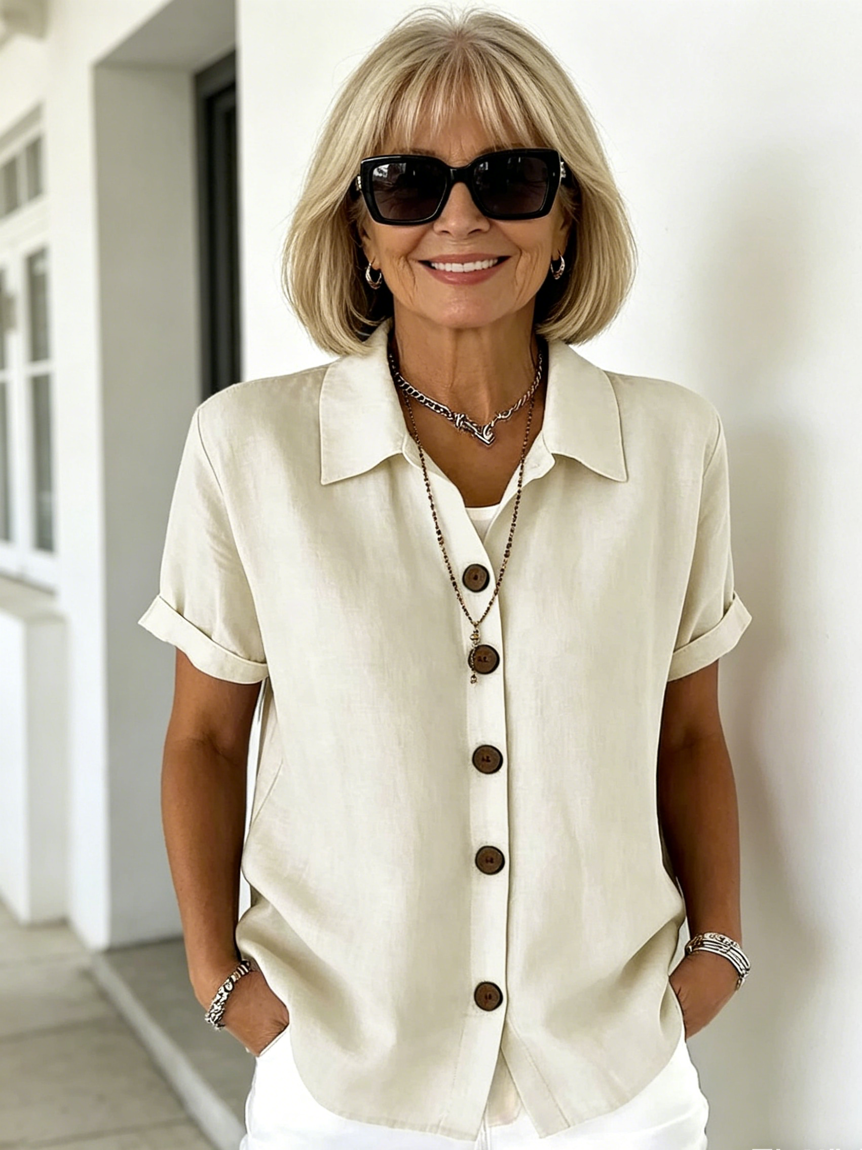 Casual Comfortable Button Cotton and Linen Women's Short Sleeve Shirt