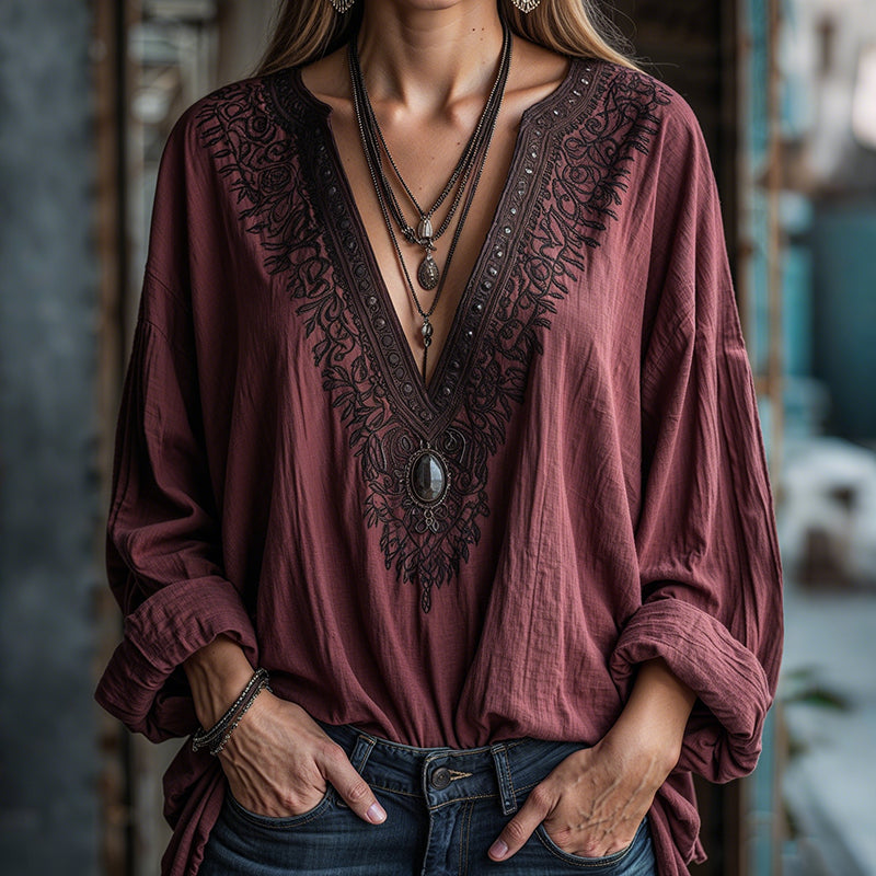 Women's Floral Art Print Linen Tops