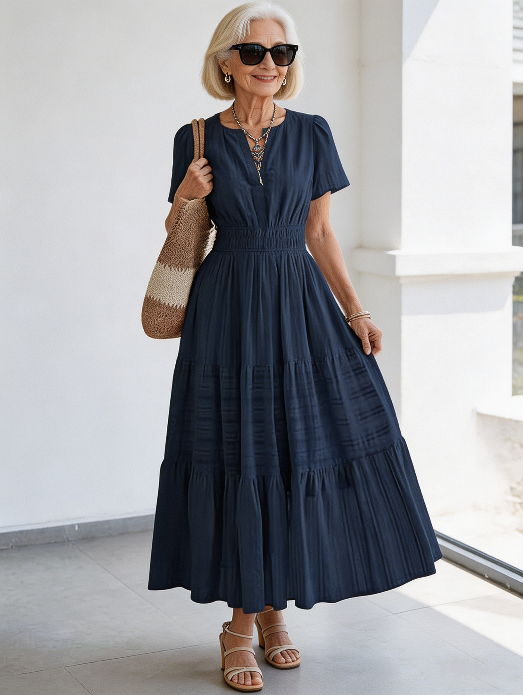 Cotton Fashion V-neck Pleated Bubble Sleeves Layered Pendulum Dress Women