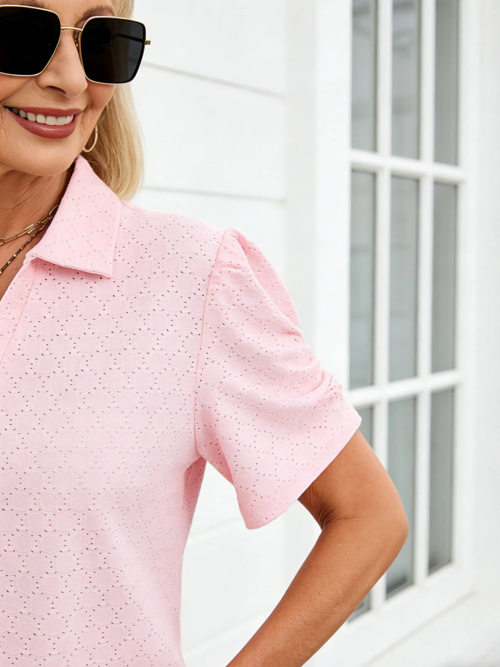 Textured Fabric V-Neck T-Shirt Bubble Sleeve Loose POLO Shirt Top
