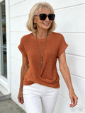 Textured Fabric Crew Neck T-Shirt Elegant Short Twist Hoop Top Women's Cross