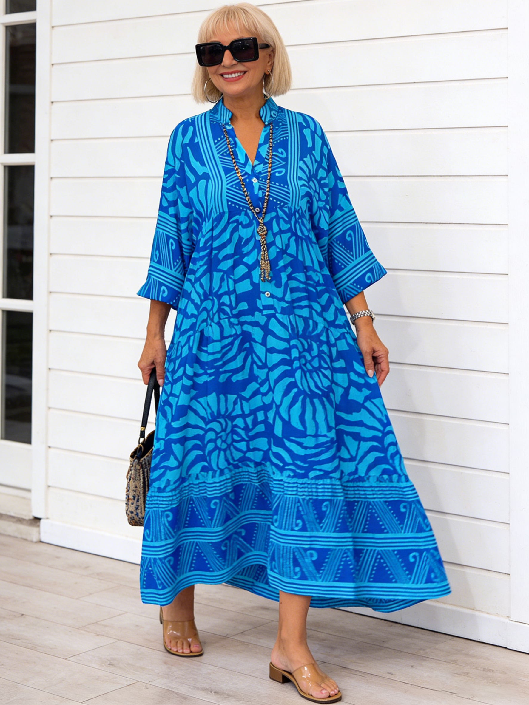 Printed Loose V-neck Flower Dress