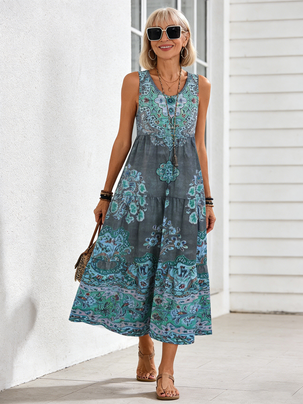 Printed Sleeveless V-Neck Vest Skirt Fashion Vacation Printed Dress Women