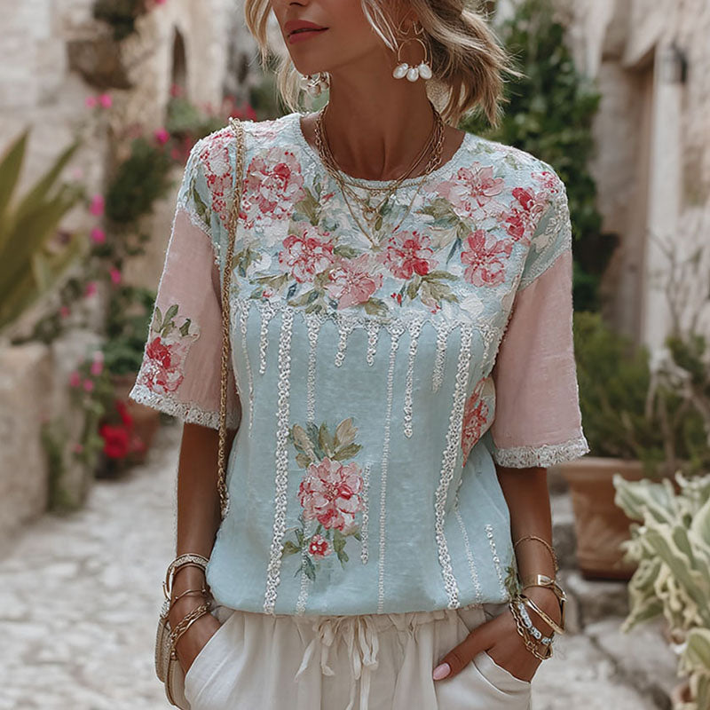 Women's Oil Painting Style Floral Lace Embroidery Casual Cotton Linen T-shirt