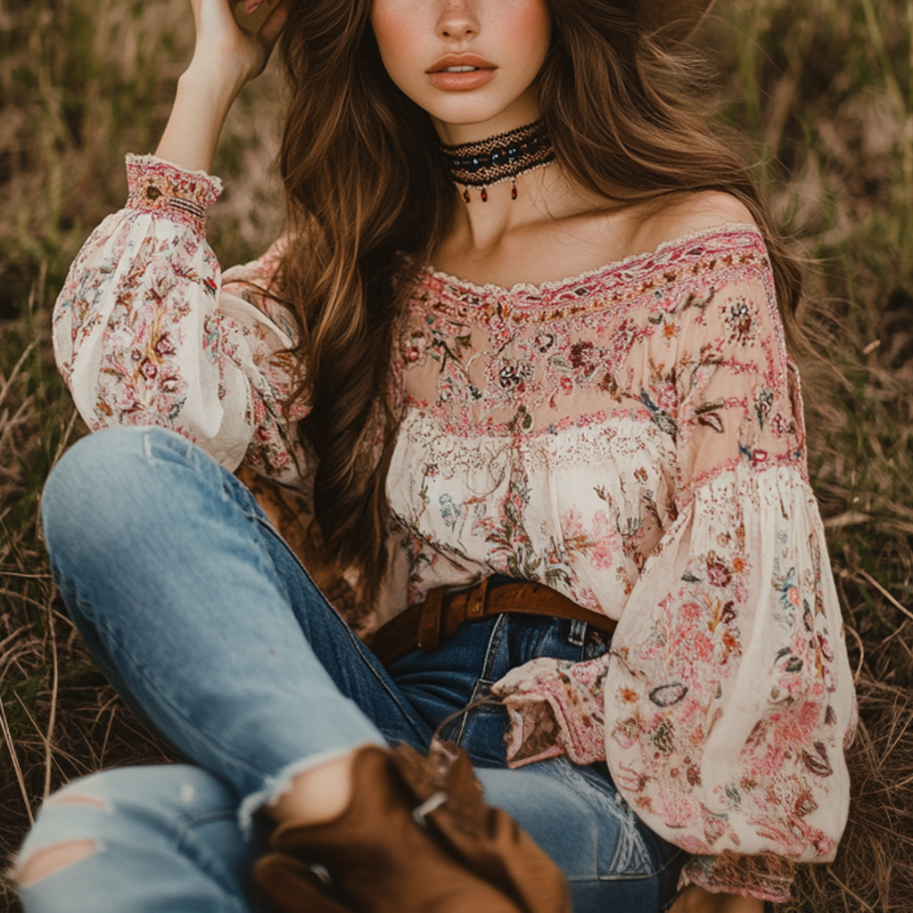 Women's Bohemian Floral Embroidered Blouse With Wide Brim Hat