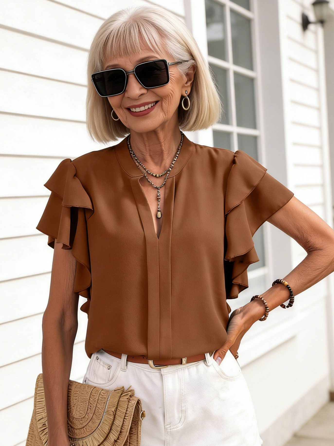 V-neck Casual Double-layer Lotus Leaf Sleeve Solid Color Shirt Top