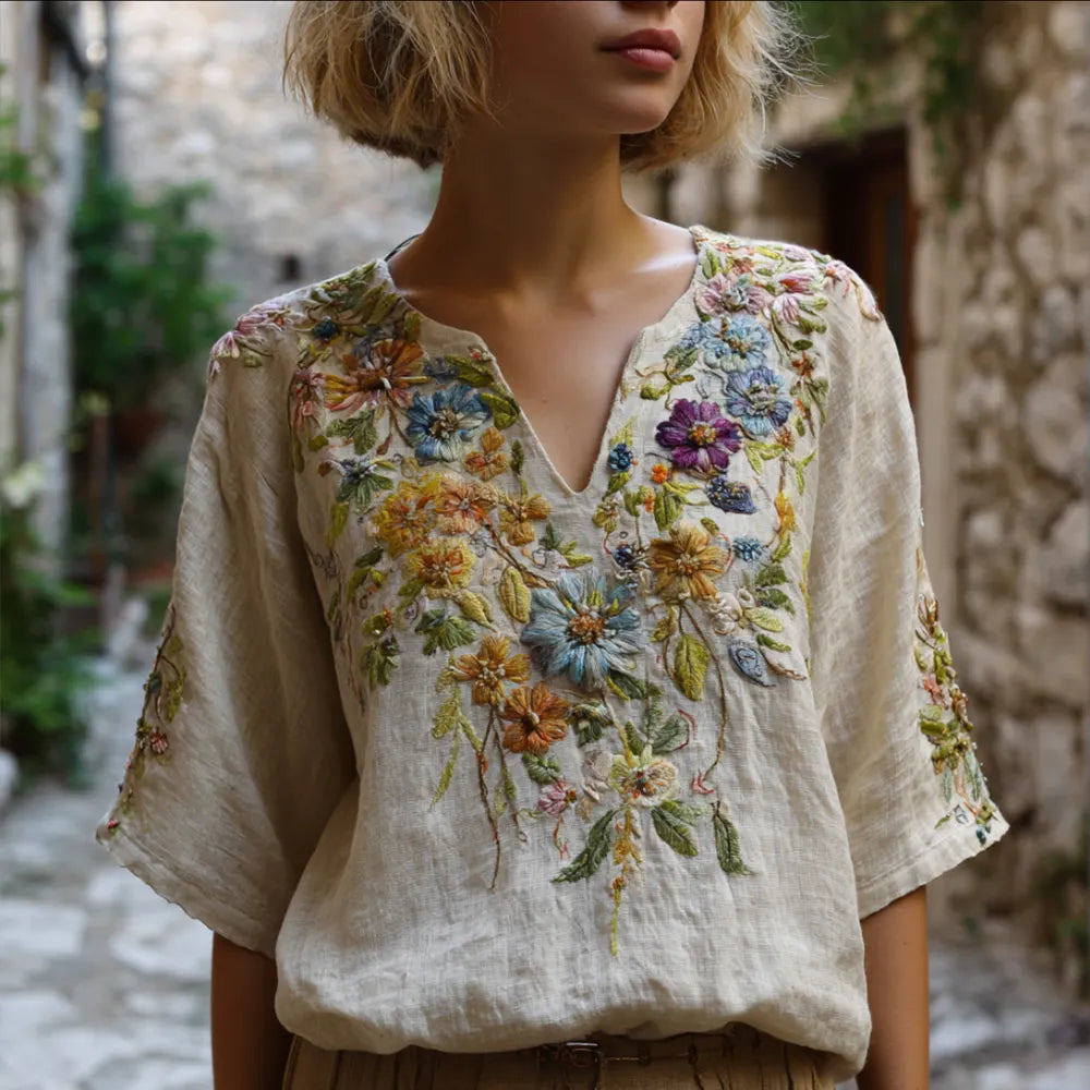 Bohemian Style Three-dimensional Embroidered Flowers And Vines Vintage Cotton And Linen Off-white V-neck Short-sleeved Shirt