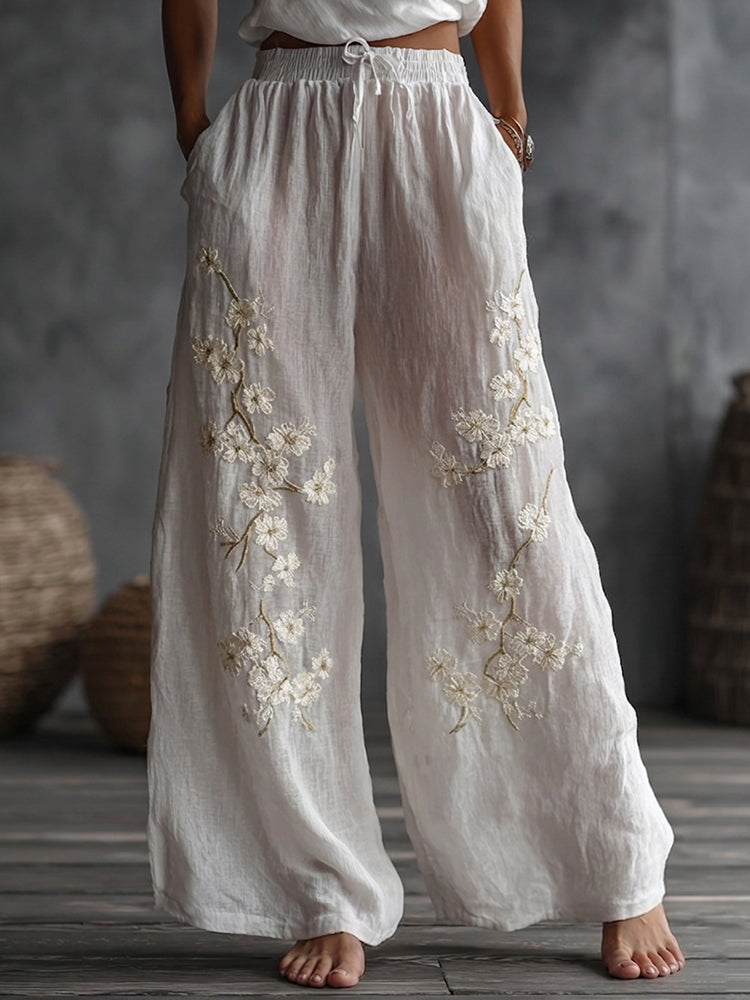 Japanese Floral Embroidered Pattern Linen Pants