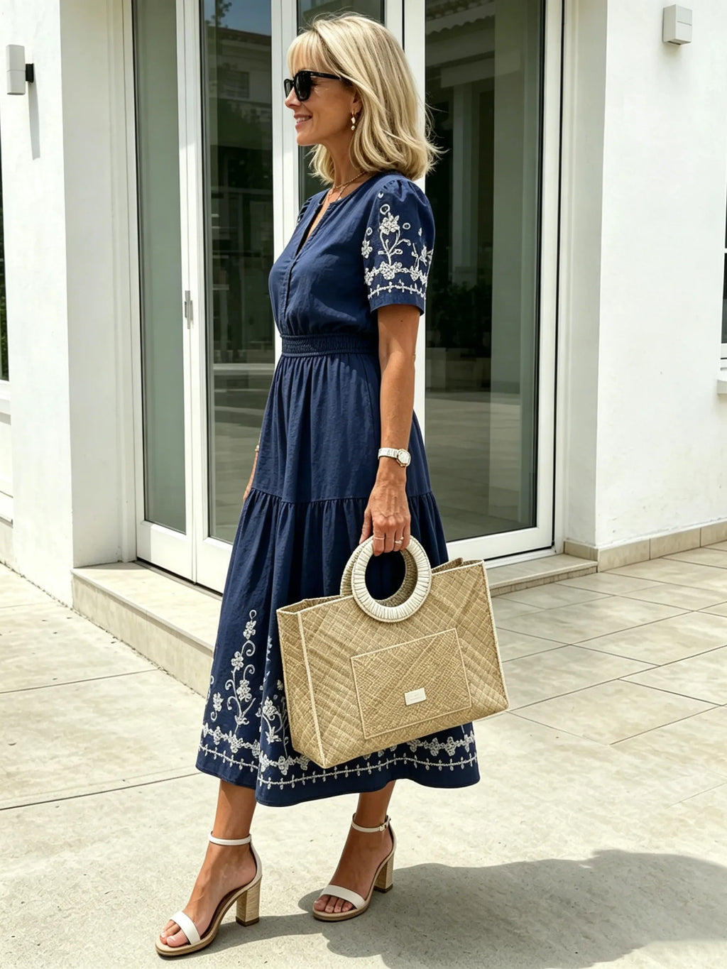 Simia Floral Short-sleeved Dress V-neck A-shaped Skirt