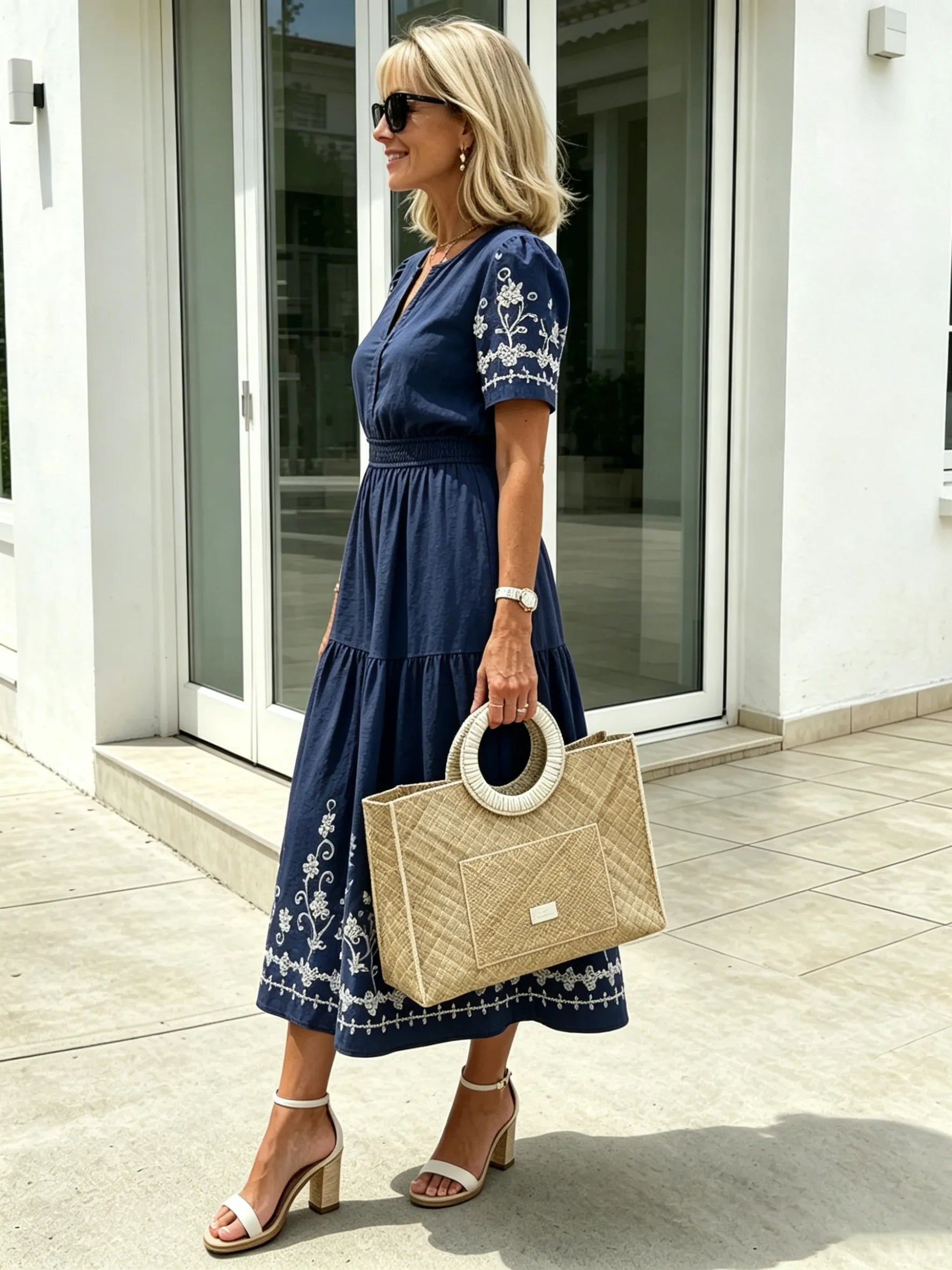Simia Floral Short-sleeved Dress V-neck A-shaped Skirt