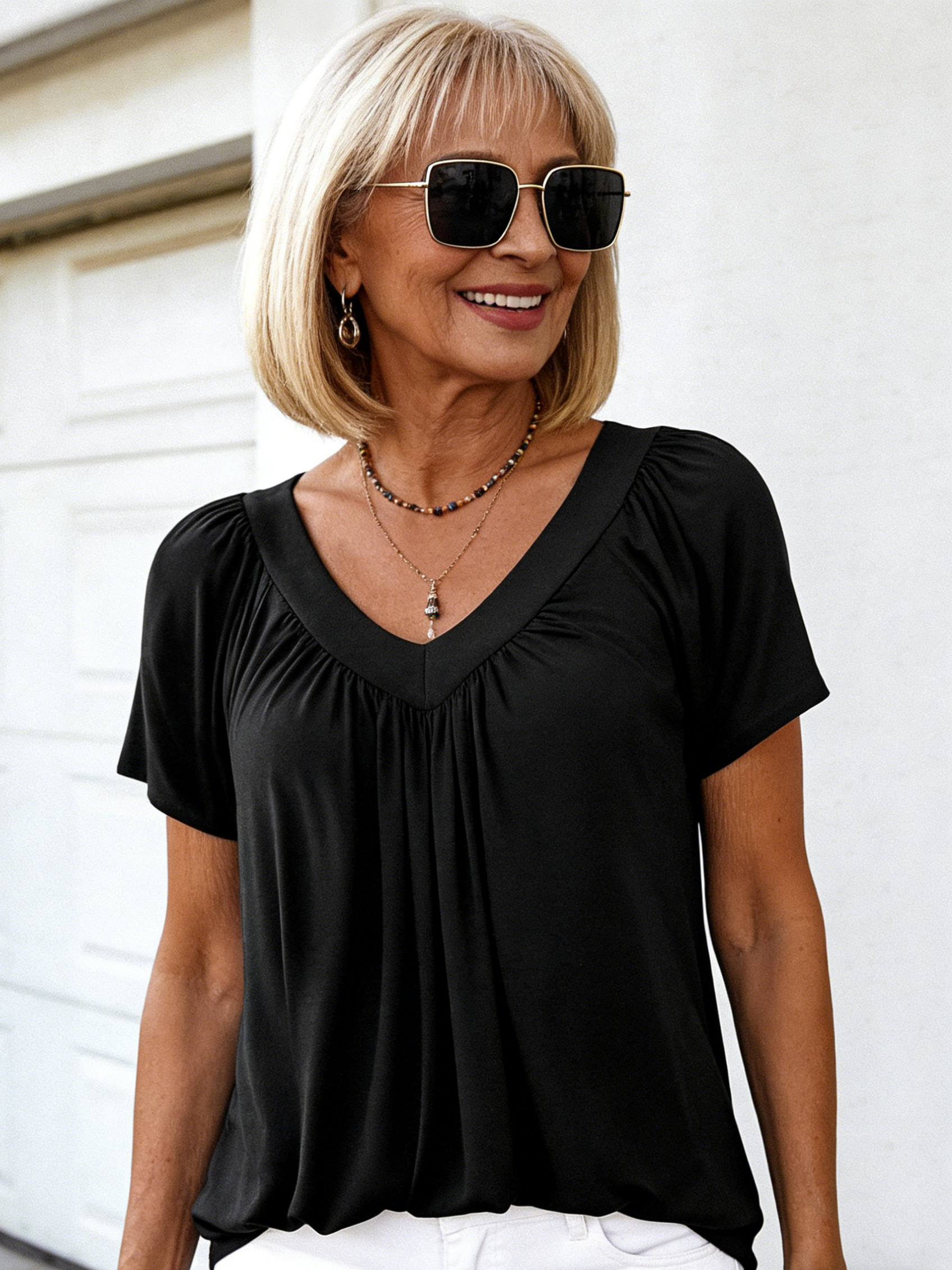 V-neck Shoulder Sleeve Pleated Casual Daily Home T-shirt