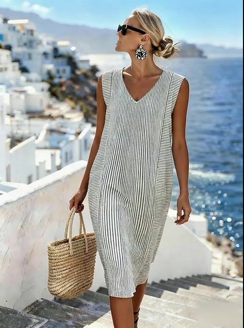 Women'S Casual Color-Block Cotton And Linen Dress