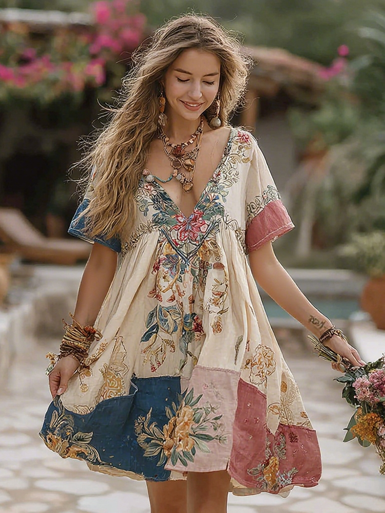 Women's Vintage Floral Stitching Cotton And Linen Dress