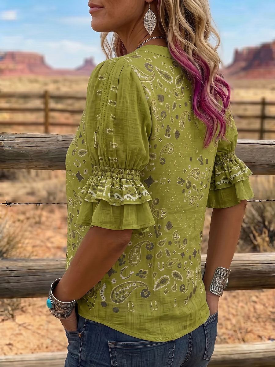 Vintage Art Print Comfortable Summer Fabrics Puff Sleeve Casual Shirt