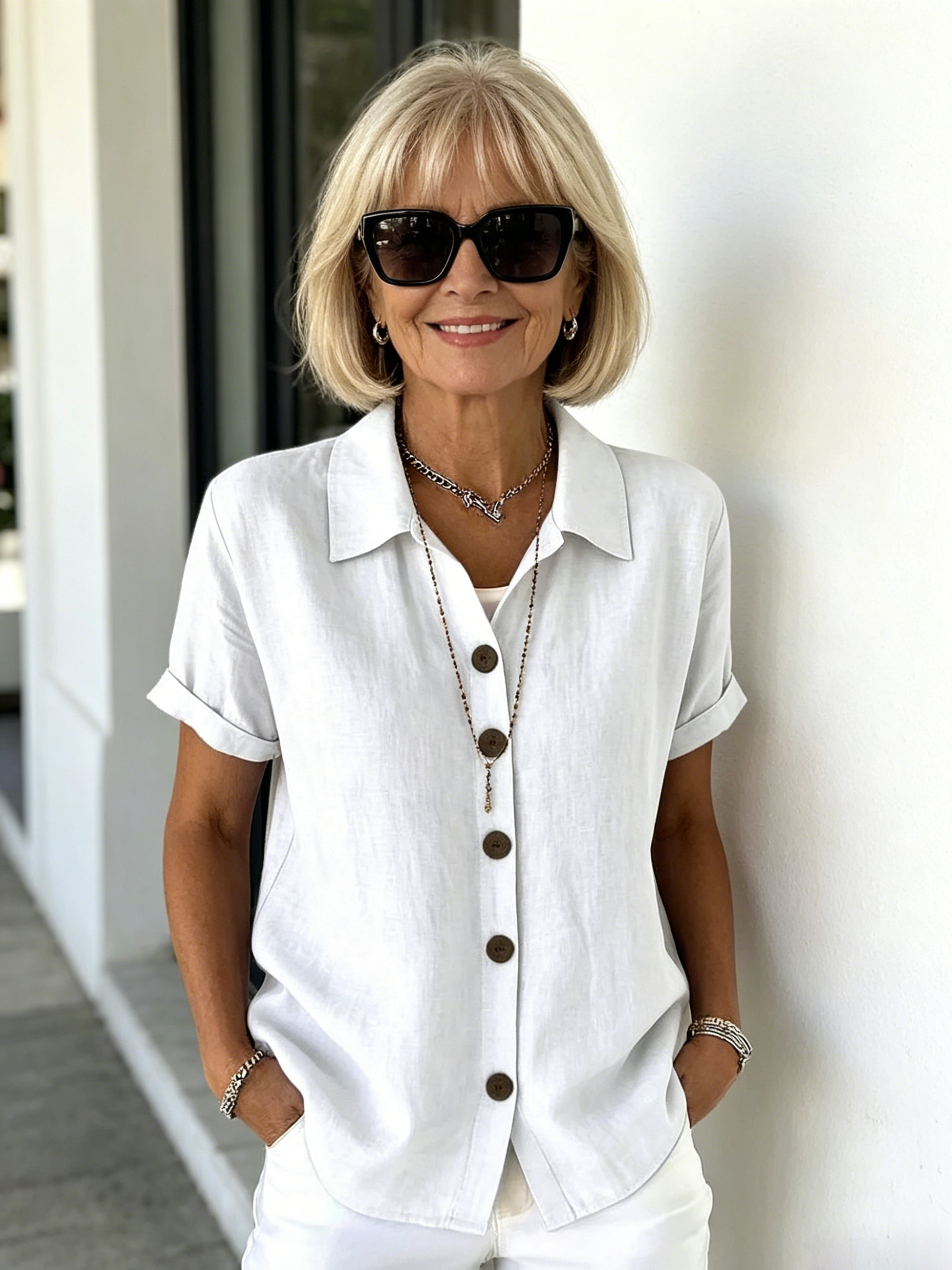 Casual Comfortable Button Cotton and Linen Women's Short Sleeve Shirt