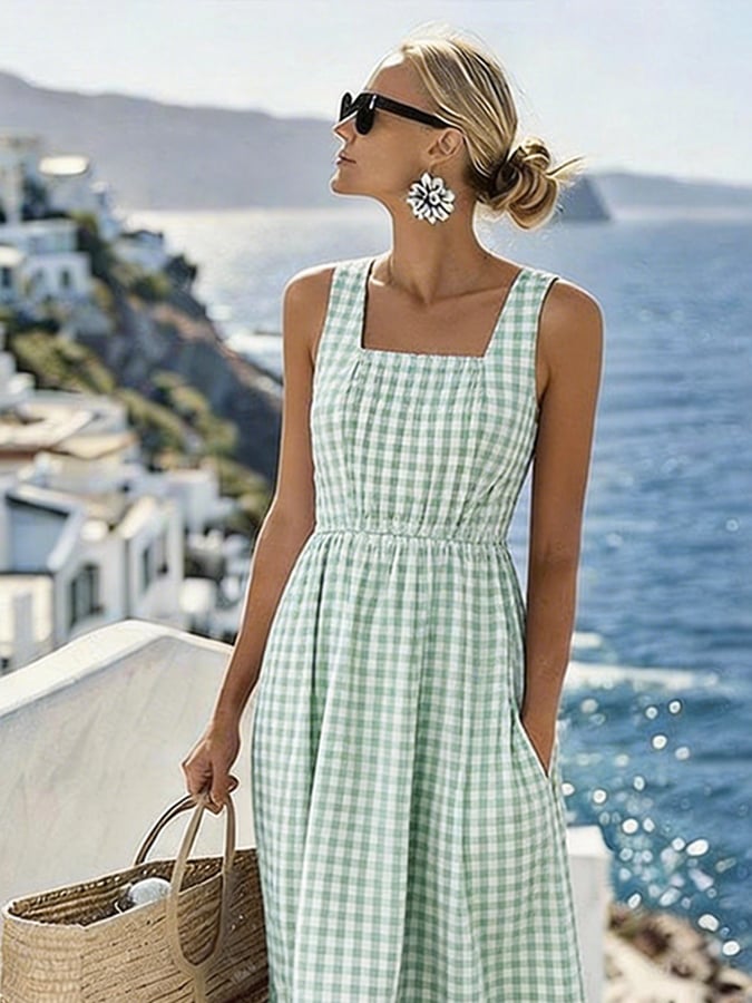 Women's Casual Square Neck Plaid Vacation Camisole Dress