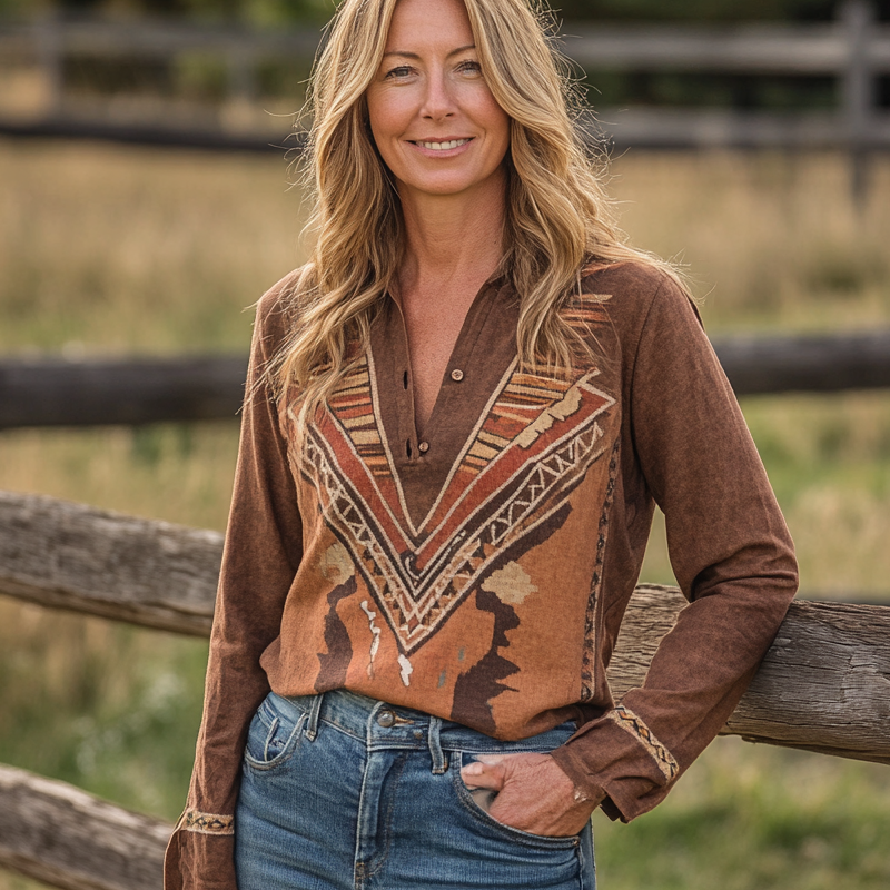 Women's Vintage Linen Bohemian Style Geometric Print Long Sleeve Tops Brown