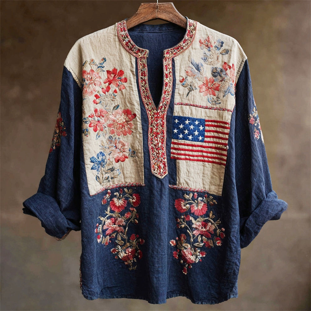 Independence Day Vintage Floral Embroidery Women's Linen V-neck Shirt