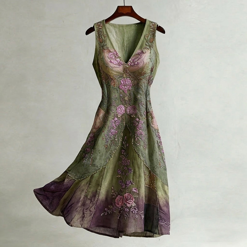 Women's Retro Purple Rose Floral Pattern Casual Sleeveless Dress