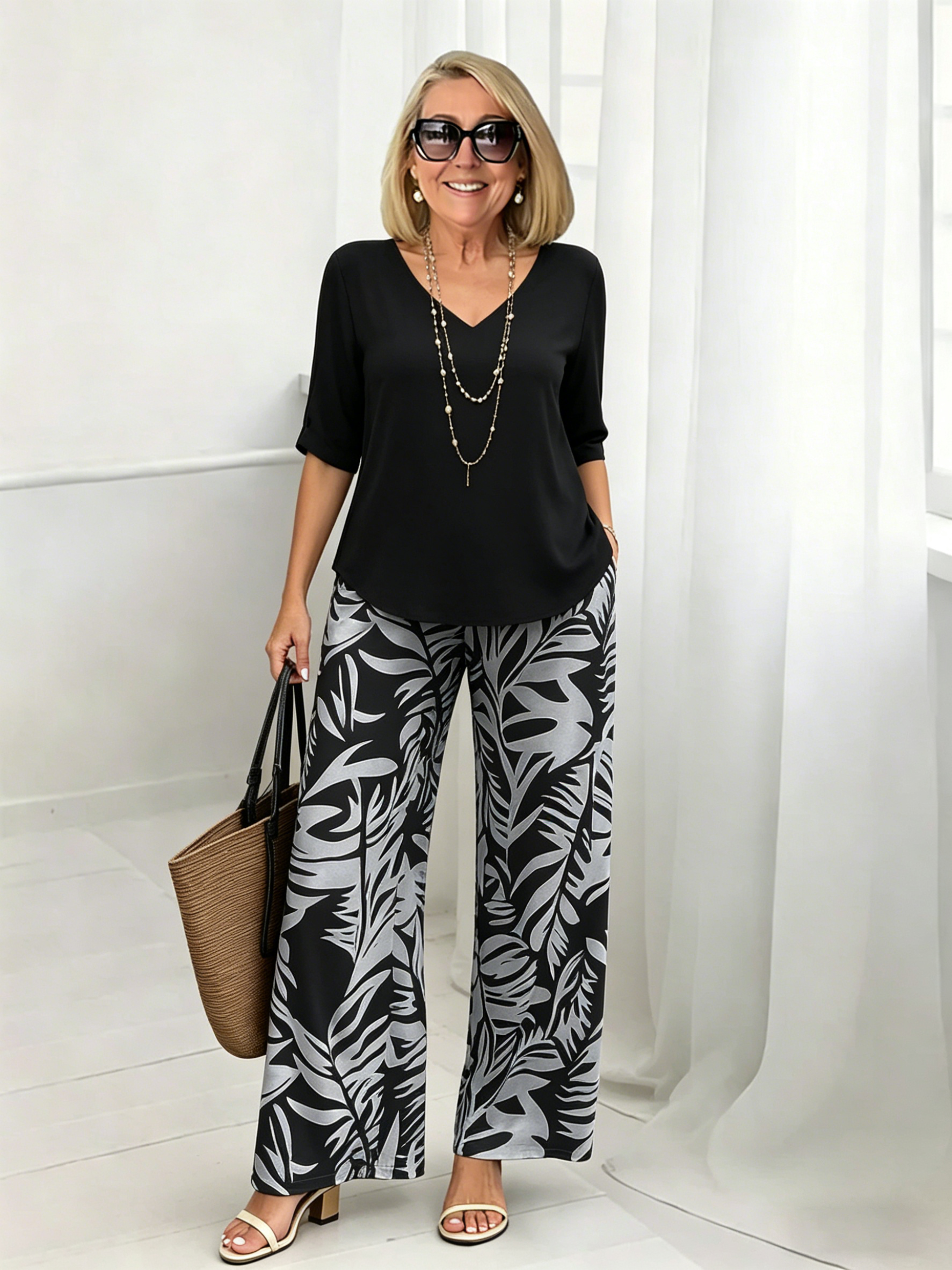 2Pcs Vacation Casual V-neck Long-sleeved Trousers Digital Printing Women's Suit