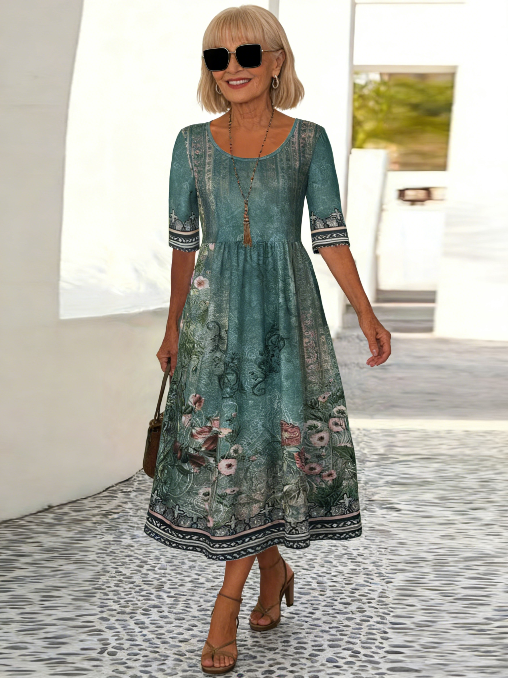 Flower Print Half Sleeve V-Neck Tunic Dress