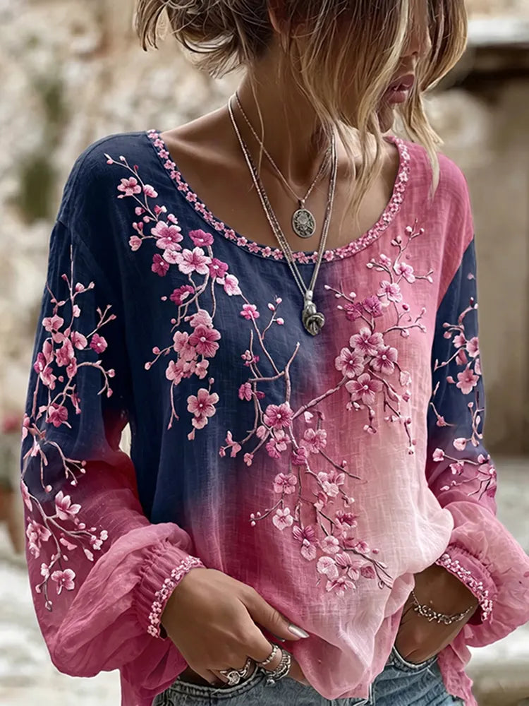 Women's Retro Sakura Gradient Art Round Neck Long Sleeve T-shirt