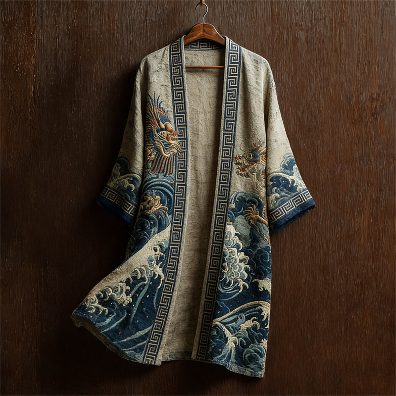 Japanese Dragons & Sea Waves Art Flowy Linen Long Kimono